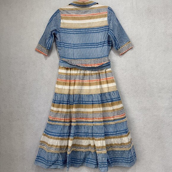 Ash & Eden Shirt Dress Womens Medium Blue Tan Stripe Belted Midi Cotton Collared - Picture 2 of 10